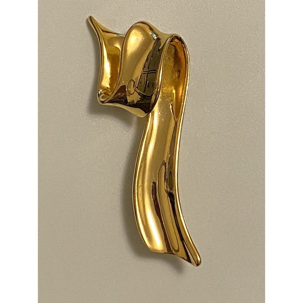 Gold Tone Modernist Ribbon Design Brooch Pin Vintage Swirl Polished Abstract